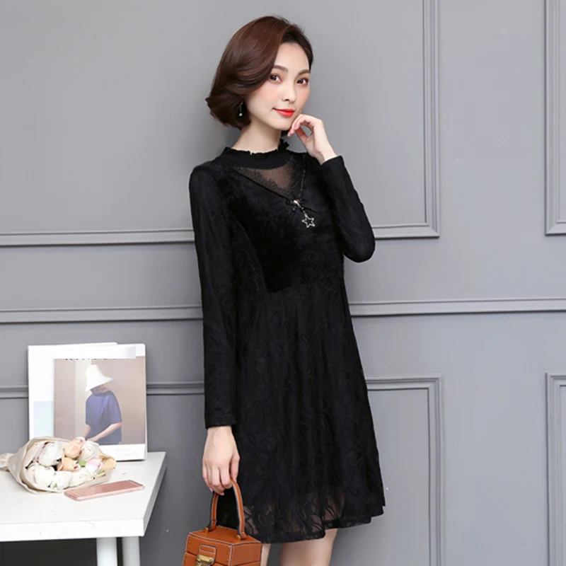 2020 New Hot Sale Round Neck Autumn Winter Dresses Female Clothing Pure Color O-Neck Padded Spliced A-Line Lace Dress OK1375 | Женская