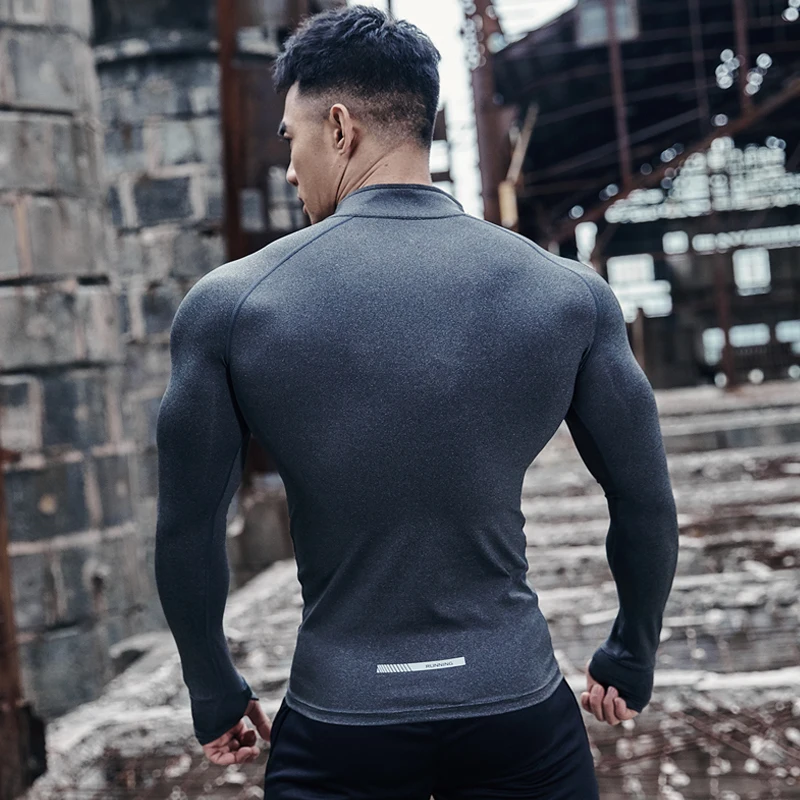 Спортивная Мужская футболка с молнией быстросохнущая длинным рукавом