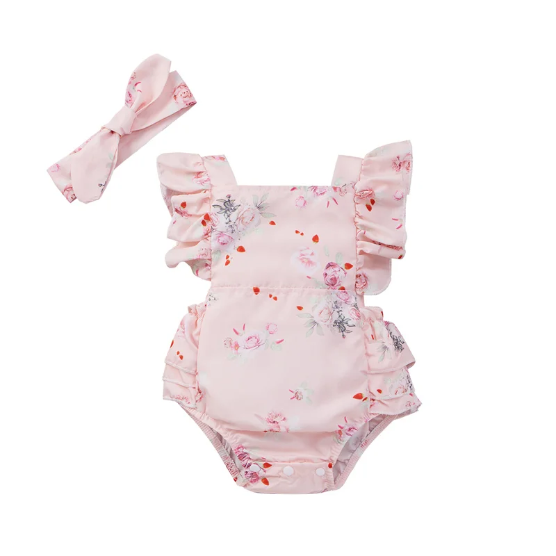 

Baby Girls Summer breathable Outfits 2Pcs , Cute Ruffle Sleeve Floral Print Romper with Headband Set