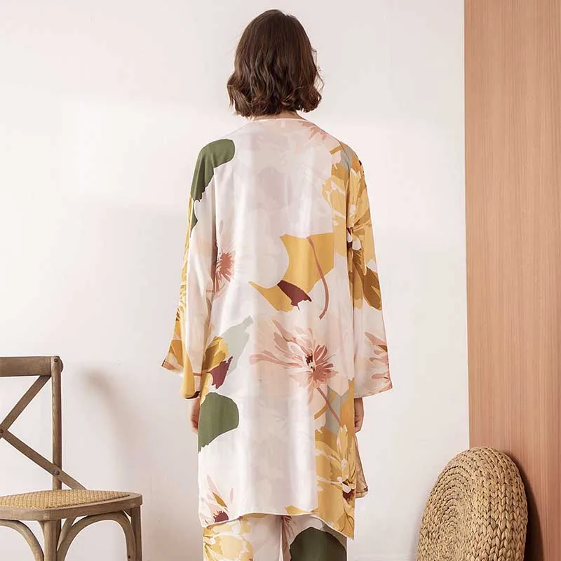 

HOT SELLING Ladies Pajamas Set Comfort Loose 3Pcs Set Floral Printed Elegant Soft Homewear Femme Sleepwear For Spring And Autumn