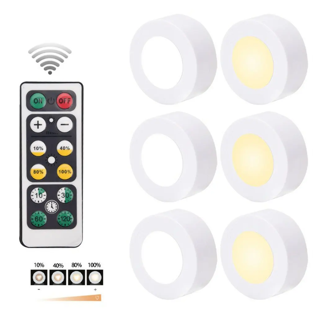 

6pcs LED Cabinet Light Warm light Color Remote Control Wireless Dimmable LED Night Lamps Battery Light for Closet Kitchen Stair