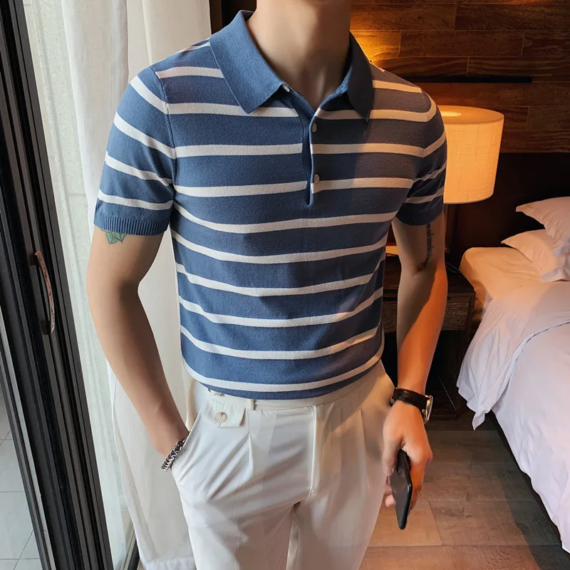 

Летние мужские рубашки-поло, Повседневные вязаные деловые рубашки-поло с короткими рукавами из ледяного шелка с лацканами, мужская одежда
