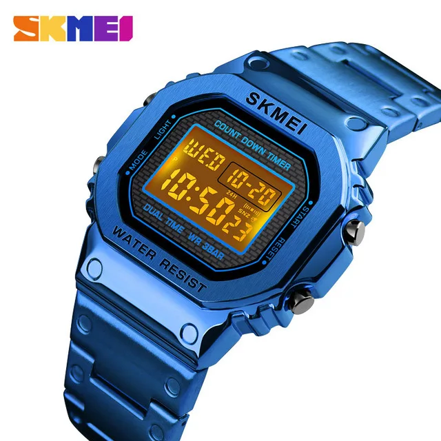 Skmei 1456 мужские G-style цифровые часы из нержавеющей стали с хронографом обратного отсчета наручные часы ударный светодиодный спортивные часы skmei montre homm - Цвет: Синий