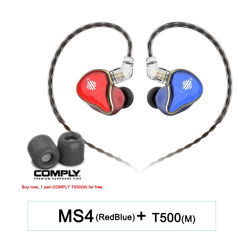 RedBlue with T-500 HIDIZS Гибридный Драйвер(3 Knowles BA+ 1 DD) MS4 Hi-Fi наушники-вкладыши IEM с 2 Pin 0,78 мм съемный кабель - Цвет: RedBlue with T-500