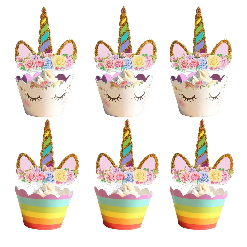 24Pcs Unicorn Rainbow Cake Toppers Cupcake Wrappers Birthday Party Decoration Baby Shower Supplies | Дом и сад
