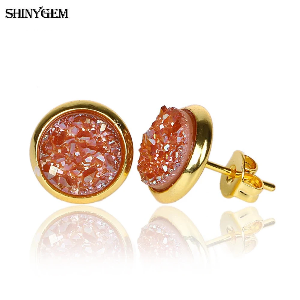 Модные круглые серьги гвоздики ShinyGem 8 мм с натуральным кристаллом позолоченные