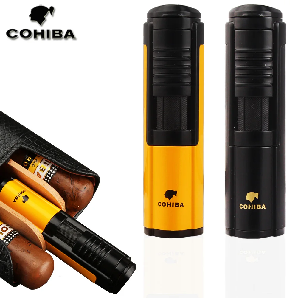 COHIBA зажигалка для сигар, 1 струйный огонь, портативный бутановый газовый прикуриватель, карманный фонарь, зажигалка, аксессуары для сигар и подарочная коробка