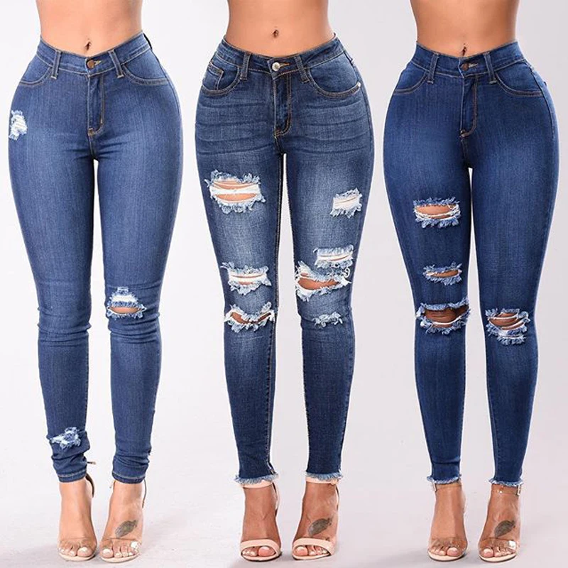 

Ripped Jeans For Women With Stretchy Denim Jeggings High Waist Skinny Pencil Pants Blue Plus Size Clothing S-3XL