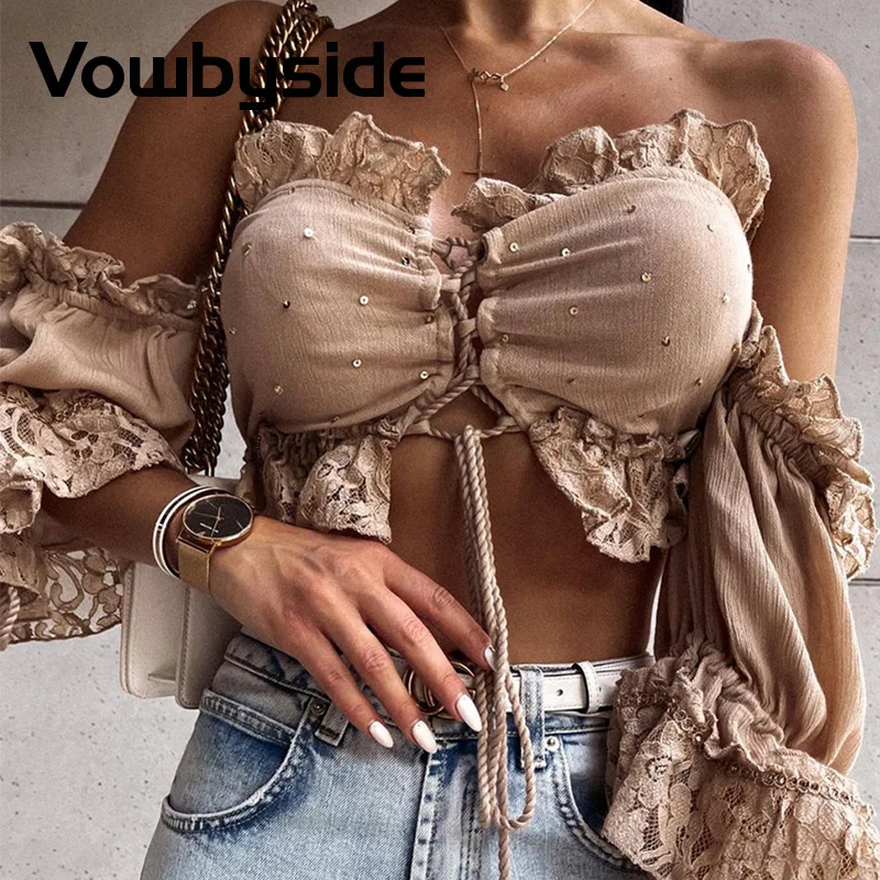 

Off Shoulder Studded Lace-up Frill Hem Tops Women Crop Blouses
