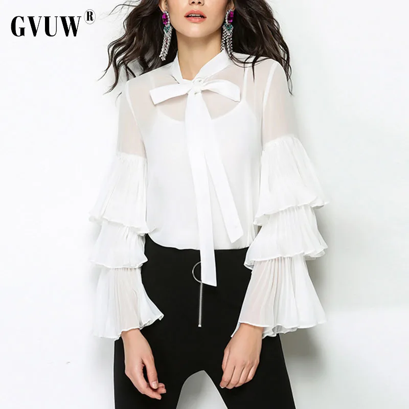 

Gvuw Long Sleeve Bow Tie Trumpet Perspective Top Lines Elegant women's plaid shirt white top school blouse Pop It