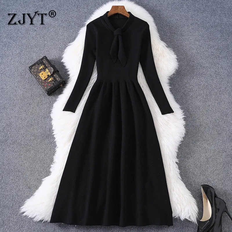 

Fashion Full Sleeve Bow Collar Midi Knitting Dresses for Women 2021 Autumn Winter Sweaters Vestidos Elegant Black Casual Robe