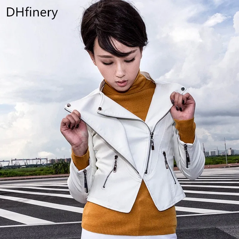 

DHfinery Women Faux Leather Jacket short motorcycle leather jackets ladies black white red leather jacket plus size s-4XL B1619