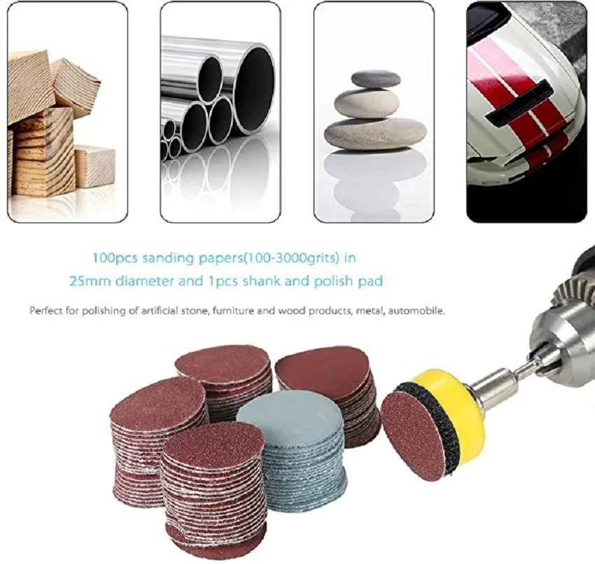 

100 Pcs 1 Inch / 25mm 100-3000 Grit Hook Loop Sandpaper with 1/8" Shank Sanding Pad Backing Plate for Grinder Rotary Tools