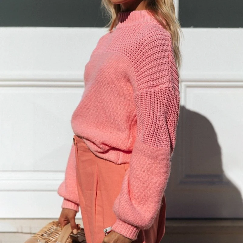 

Sweaters For Women Pullover Solid Color Stitching Loose Knitted Sweater Fashion Winter Clothes Women Ladies Tops Mujer