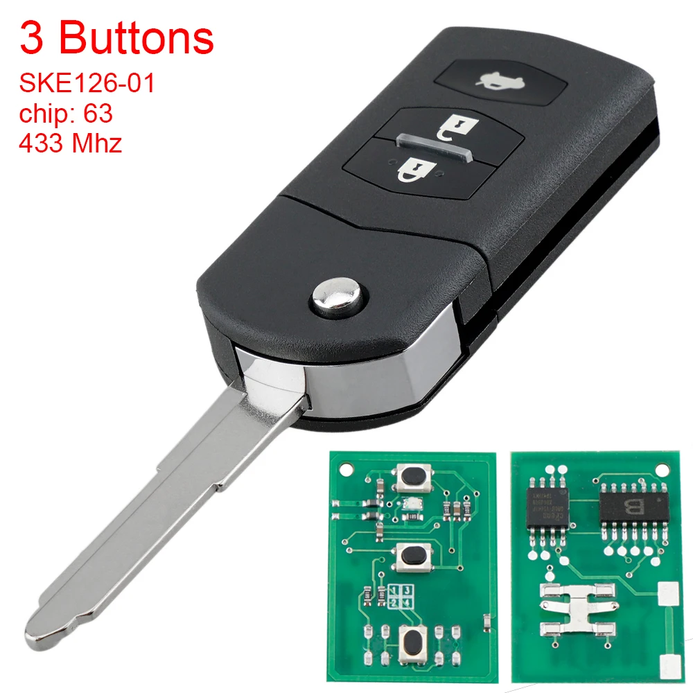 

3 Buttons 433MHz Flip Remote Car Key Fob ID63 80bit Chip SKE126-01 for MAZDA Car 2 M2 Demio 3 M3 Axela 5 M5 Premacy 6 M6 Atenza