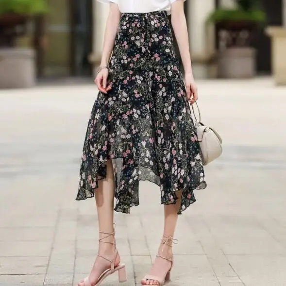 Летние короткие спереди длинные сзади Асимметричные шифоновые юбки с цветочным