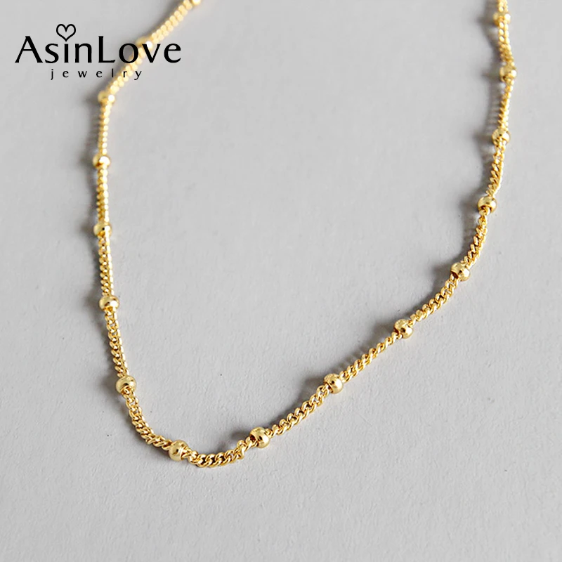 

AsinLove Fashion 18K Gold Round Beads Clavicle Necklace for Women Real 925 Sterling Silver Chain Elegant Textured Fine Jewelry