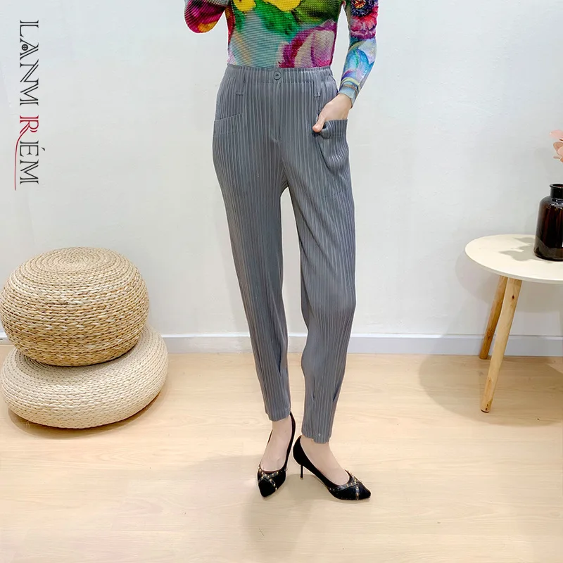 

LANMREM женские 2021 Осенние новые плиссированные брюки с эластичной резинкой на талии, Модные свободные брюки до щиколотки с пуговицами, YK163