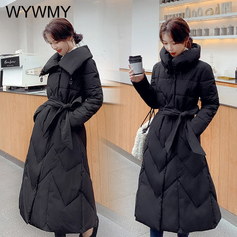 WYWMY Winter Cotton Coats Women Long Parkas 2021 Vintage Elegant Loose Down Jacket Female Mid-Length Turndown Collar Belt Jacket