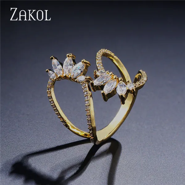Gold Color ZAKOL, милые, стильные, белые, циркониевые, открытые кольца, геометрическое, регулируемое кольцо, ювелирные изделия для женщин, вечерние, подарок, FSRP2015 - Цвет основного камня: Gold Color