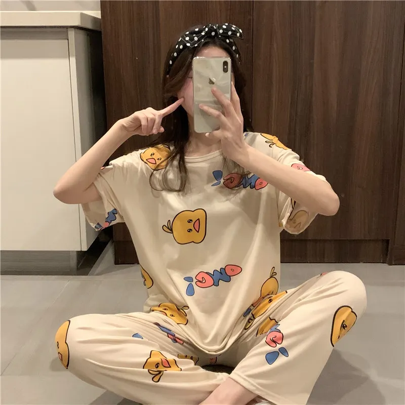 

Real bid real price, summer cartoon printing lovely chicken short-sleeved trousers two-piece household clothes Pajama set