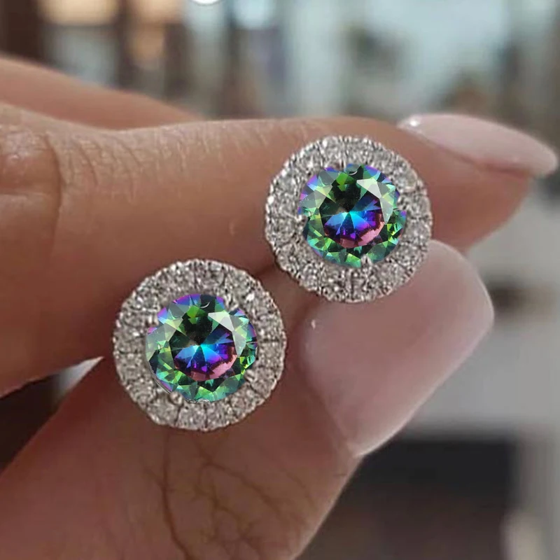 

Cute Female Crystal Small Round Earrings Classic Silver Color Wedding Jewelry Charm Purple Zircon Stud Earrings For Women