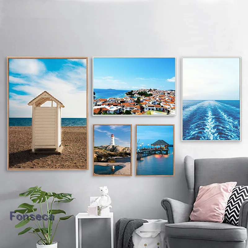 Nordic Стиль плакат пейзаж живопись холст морской синий небо и принты современные