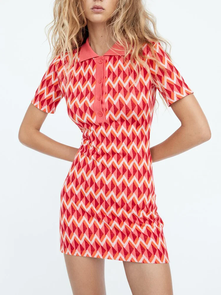 Женское жаккардовое платье ZA розовое трикотажное облегающее с отложным