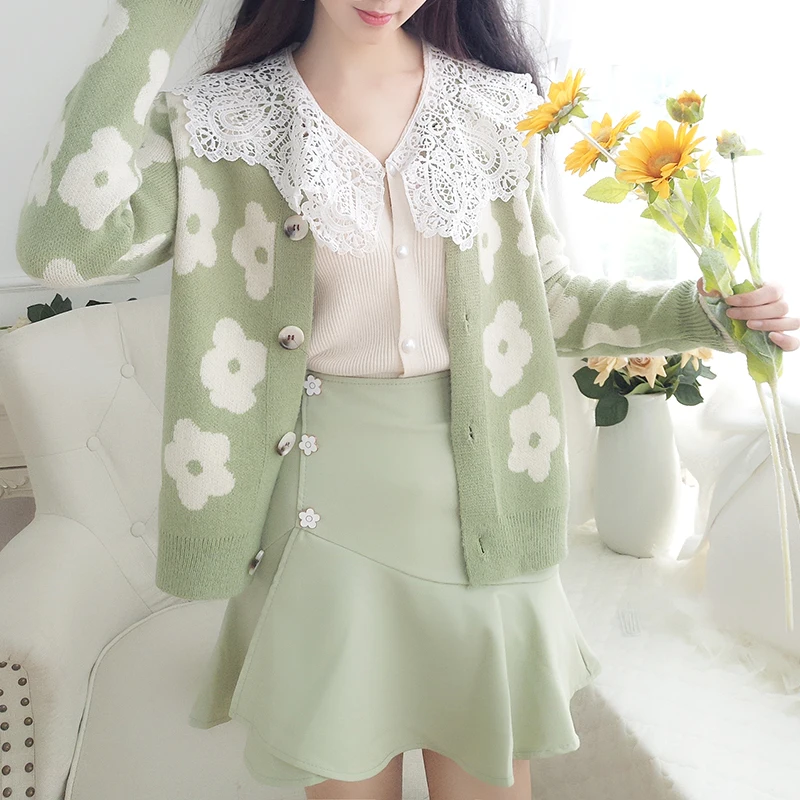 

Sweater Skirt Women Clothing Set Knit Cardigan Coat Sweet Girl Clothes Outfit Floral Knitwear Vestido Suit Lady Clothes Quality