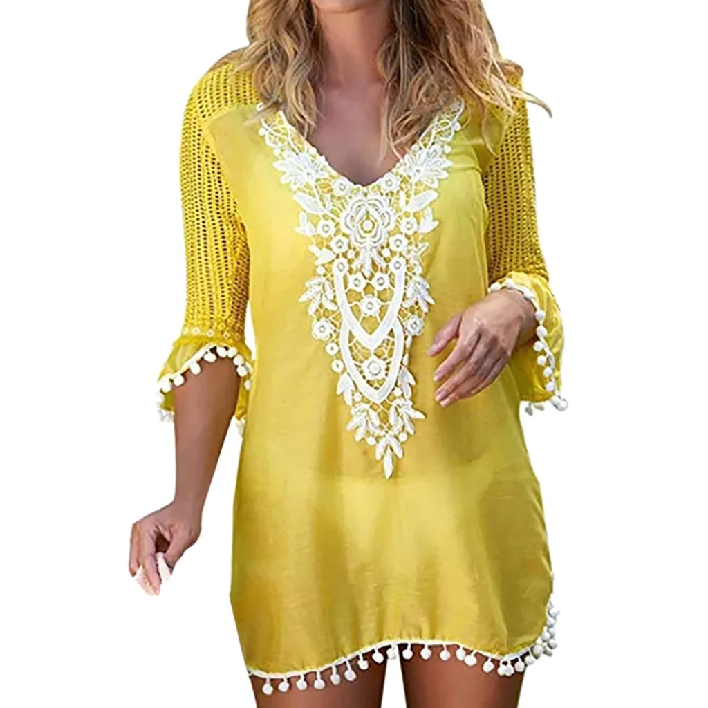 

Tassels Lace Beach Wear Women Swimsuit Cover Up Crochet Swimwear Bathing Suits Summer Mini Dress Loose Solid Pareo Cover Ups