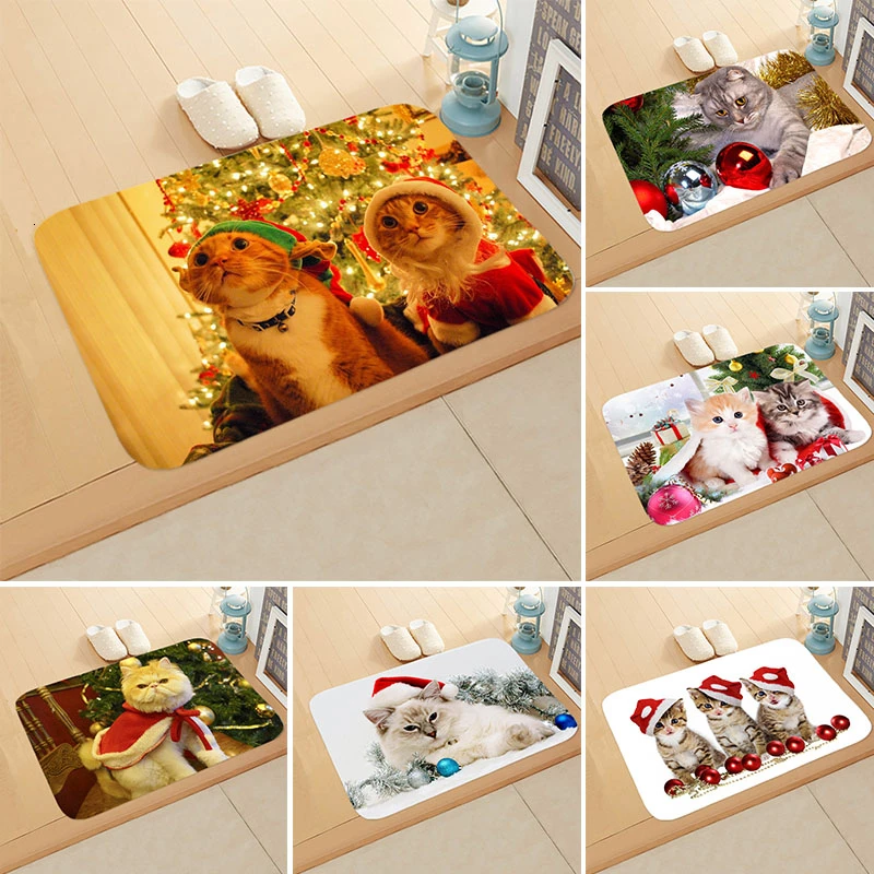 3D Рождественский Придверный коврик ковер с рисунком кота противоскользящий