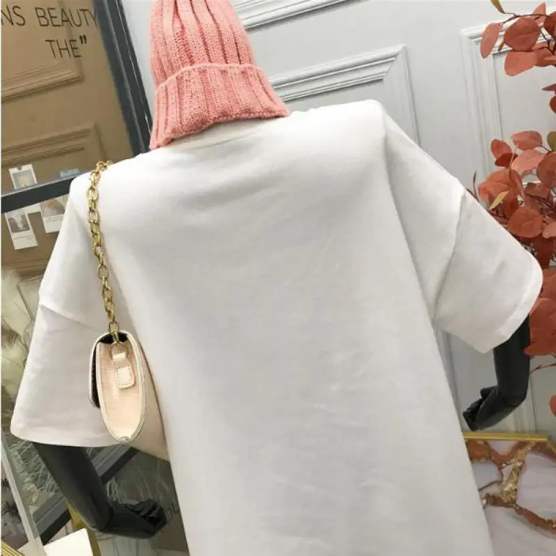 

Fashion High Quality Loose Women T Shirt Hot Rhinestone Cartoons Harajuku Alphabet Blue Pink Small Bear Tees Summer Tops
