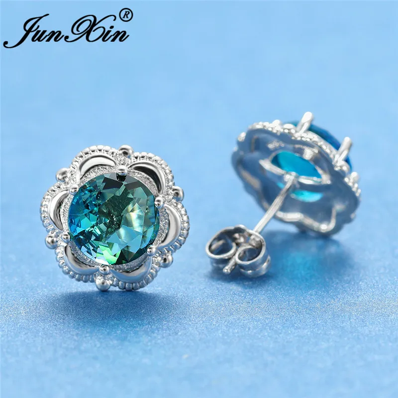 Серьги-гвоздики Mystic с зеленым голубым Цирконом и цветком белые золотые розовые