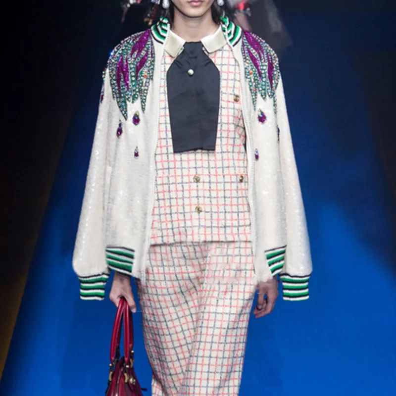 LANMREM 2019 женский модный костюм с блестками ручная вышивка бисером полосатые топы