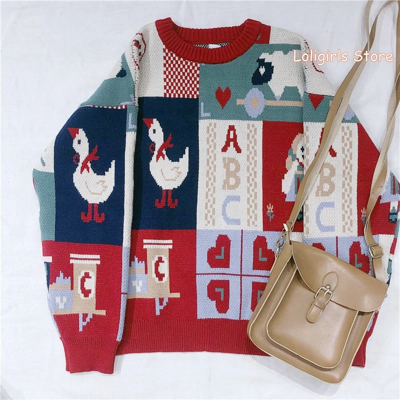 

Women Autumn New Cartoon Jacquard Sweater Coat Teen Girls Student Japanese Round neck Sweet Casual pullover Tops College style