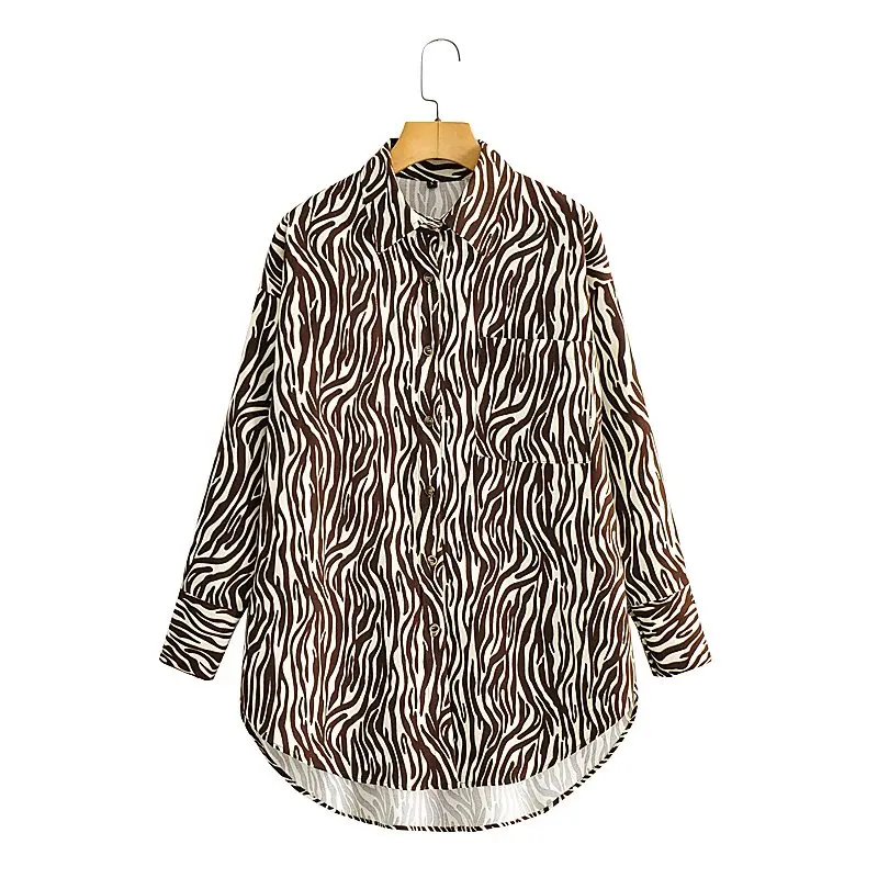 

Unizera 2021 Za women's autumn new lapel pocket decoration loose edition fine corduroy Leopard women's shirt fashion