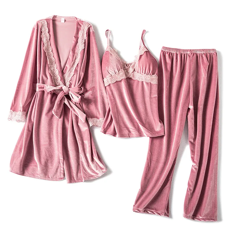 

Sexy Women Kimono Bathrobe Gown Velvet Burgundy 3PCS Pajamas Suit Sleep Set Lace Sleepwear Casual Nightgown Autumn Home Clothes