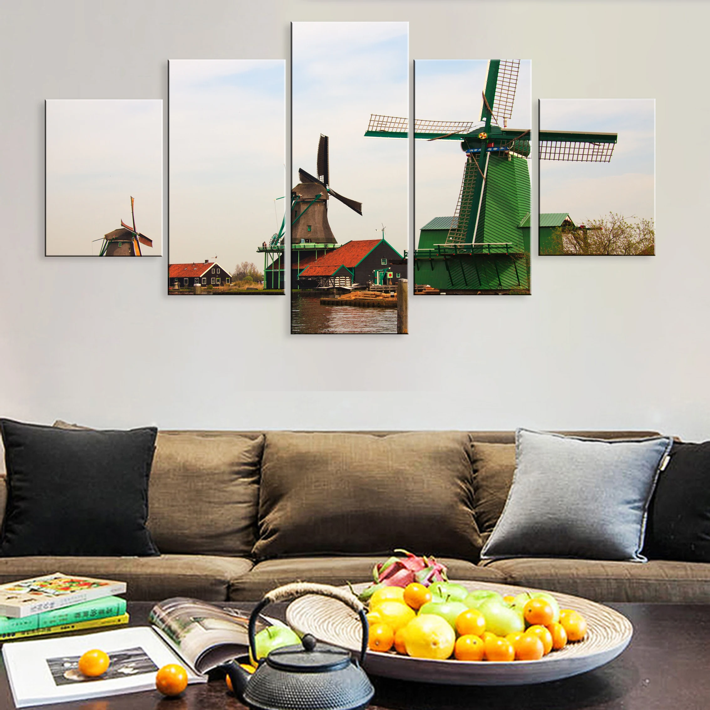 

Hd 5 Pieces Artwork Modular Poster Canvas For Living Room Home Decor Framework Dutch Windmill Beautiful Scenery Landscape