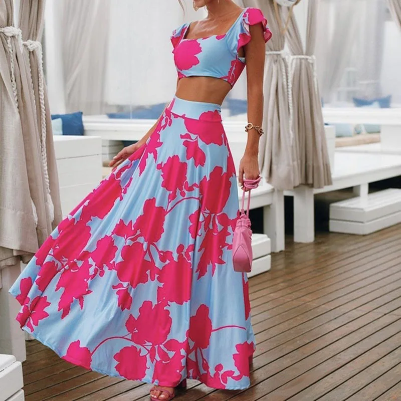 

Women's 2-Piece Summer Floral Dress with Ruffle Cap Sleeve French Beach Crop & Long Skirt SWD889