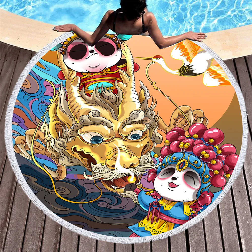 

Round Beach Towel with Tassel Microfiber Bath Towel Guochao Opera Panda Shower Towel Kids Sport Swimming Towel 150cm Yoga Mats