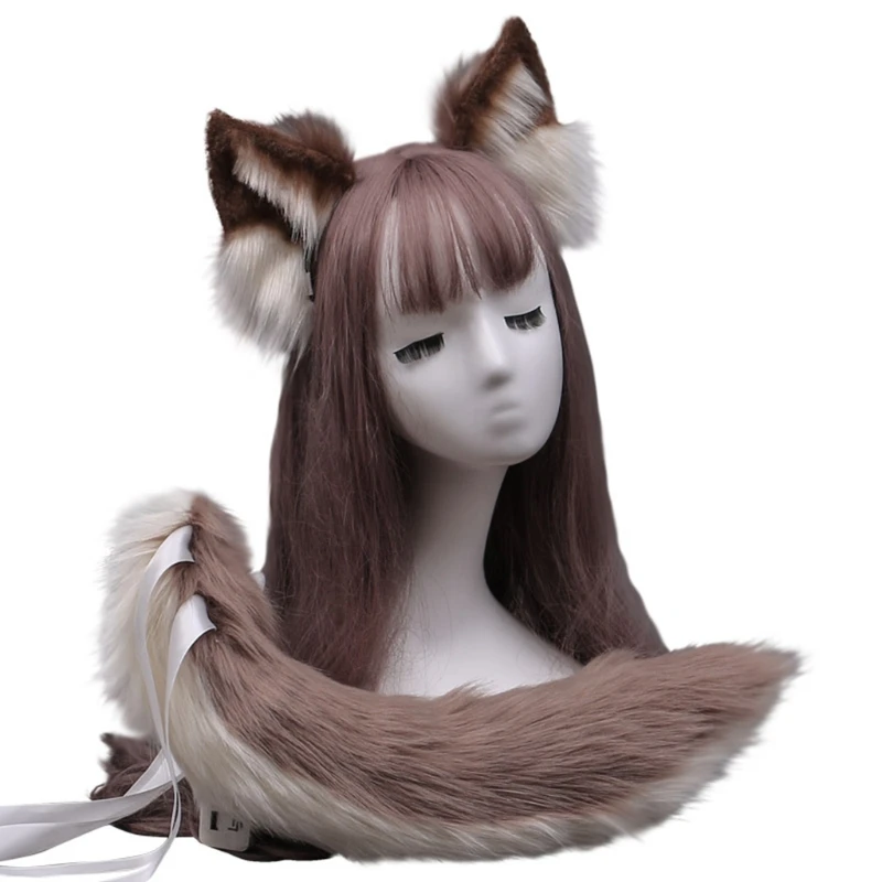 Повязка на голову с волчьими ушками из искусственного меха пушистый хвост