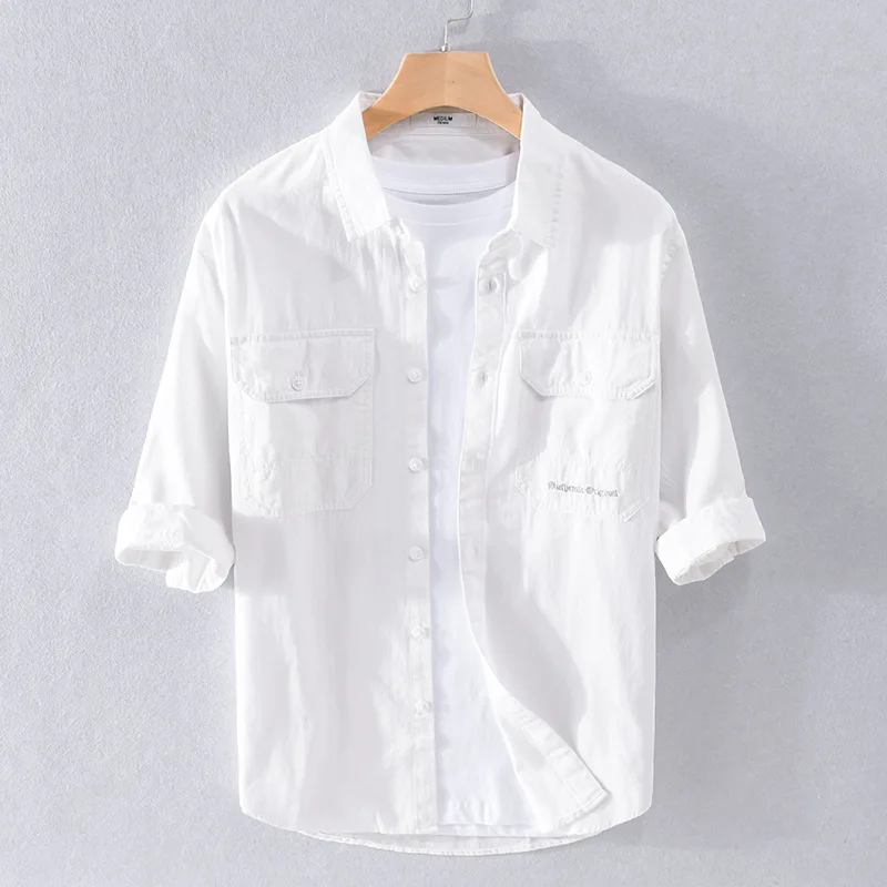 

White Half Sleeve Shirt for Men New Pure Cotton Casual Design Tops Man Single Breasted Turn-down Collar Vintage Shirt