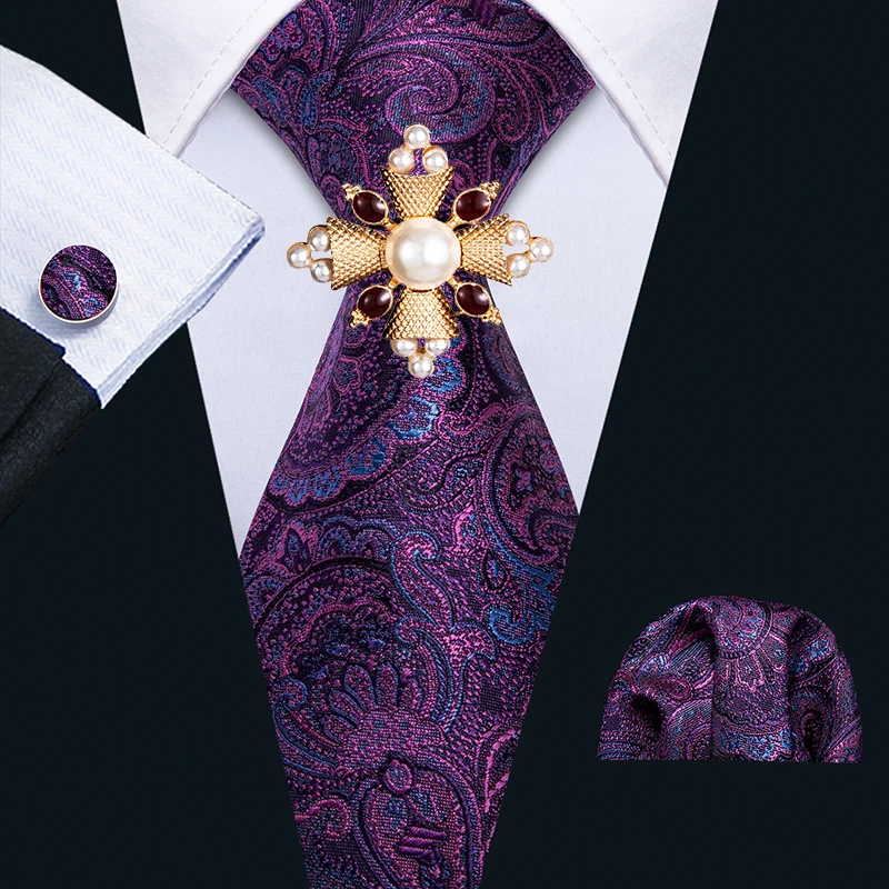 

Men Ties Silk Woven Necktie Purple Floral Tie Handkerchief Cufflinks Brooch Set Paisley Neck Tie Designer Male Gift Barry.Wang