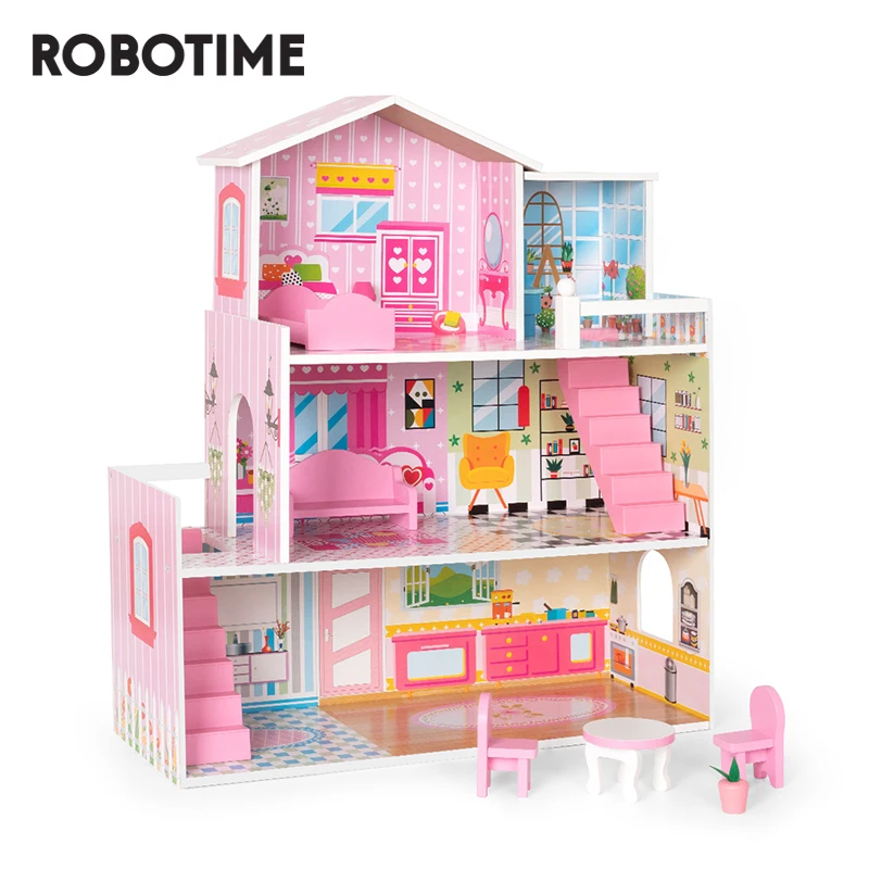 

Robotime Big Wooden Dollhouse with Furniture Doll House Playset for Kids Girls Gift for Ages 3 Years