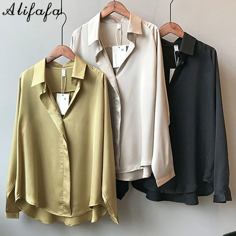 

2021 Summer Spring Casual Blouse Women Fashion Long Sleeves Tops Vintage Femme V Neck Shirts Elegant Sexy Silk Blouse