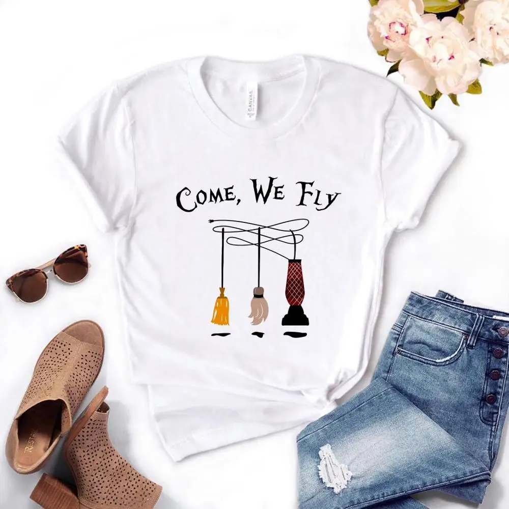 

Come We Fly Witches Broom Print Tshirt Women Short Sleeve O Neck Loose T Shirt Women Casual Tee Shirt Women Fashion Wild Top