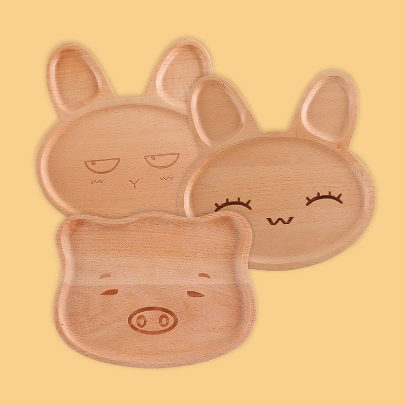 

Wooden Cartoon Animal Shape Baby Food Supplement Plate Cheese Bread Snack Fruit Dinner Plate Feeding Bowl