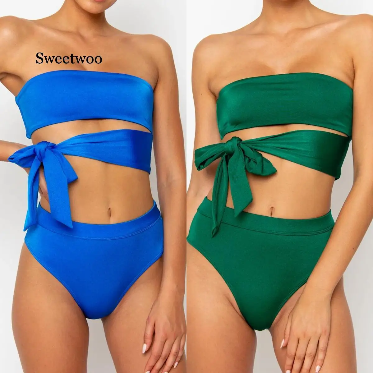

2020 Sexy V Neck Short Sleeve Front Knotted Tie Biquini Swim Bathing Suit Swimsuit Thong Swimwear Women Brazilian Push Up Bikini