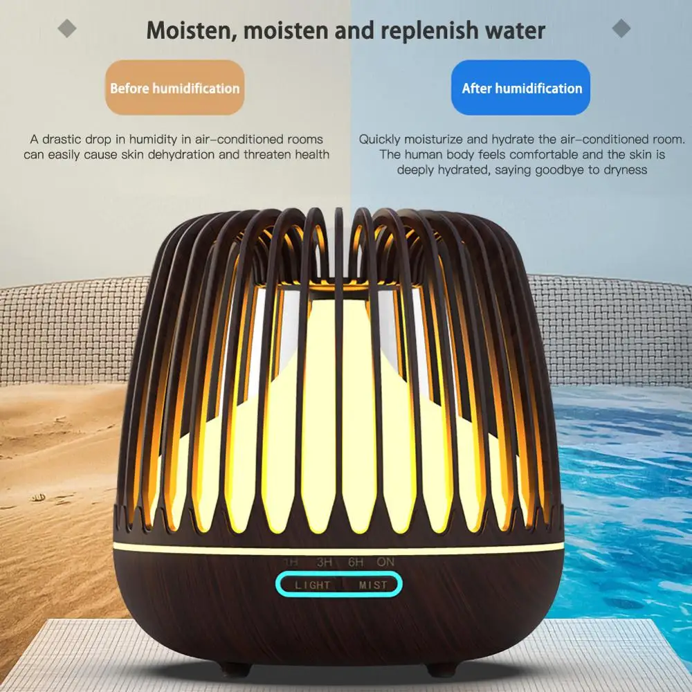 

500ML Aroma Diffuser Ultrasonic Humidifier Wood Grain Colorful LED Hollow Humidifier Aromatherapy Diffuser