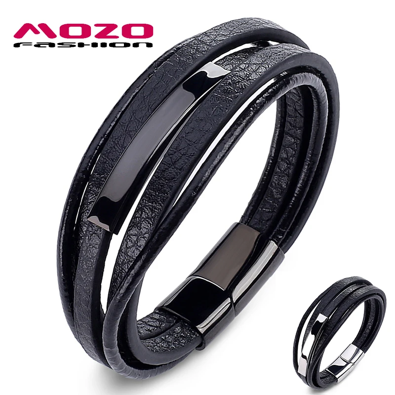 Mozo Fashion Для мужчин Очаровательные простые классические Браслеты Многослойные Кожаные браслеты Нержавеющая сталь магнитной застёжкой Для мужчин браслет 032
